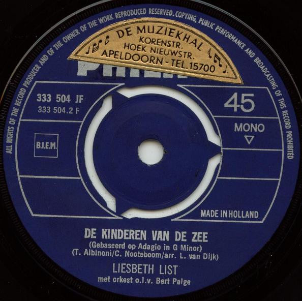 Liesbeth List : De Kinderen Van De Zee / Zonder Liefde (7", Single, Mono)
