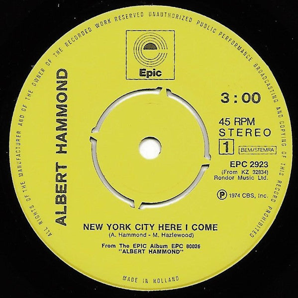 Albert Hammond : New York City Here I Come (7", Single, 4-P)