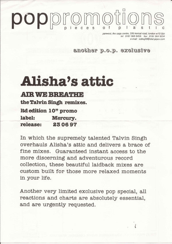 Alisha's Attic : Air We Breathe (Talvin Singh Mixes) (10", Promo)