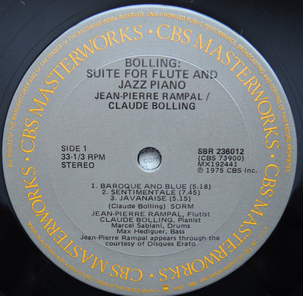 Jean-Pierre Rampal / Claude Bolling : Suite For Flute And Jazz Piano (LP, Album, RE)