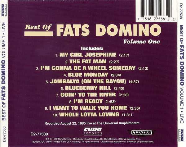 Fats Domino : Best Of Fats Domino Volume 1 ● Live (CD, Comp)