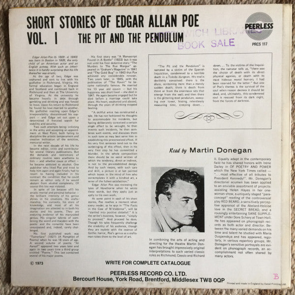 Edgar Allan Poe, Martin Donegan : Short Stories Of Edgar Allan Poe Vol. I The Pit and the Pendulum (complete) (LP, Album)