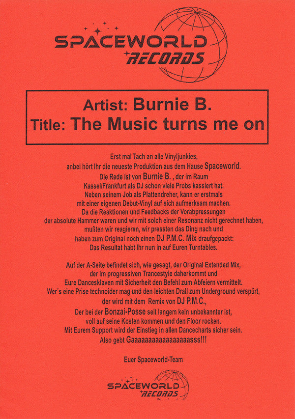 Burnie B : The Music Turns Me On (12", Promo, W/Lbl, Sta)