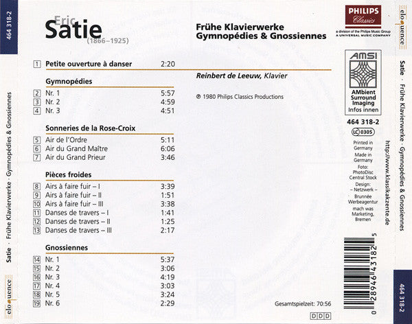 Erik Satie - Reinbert De Leeuw : Frühe Klavierwerke - Gymnopédies & Gnossiennes (CD)