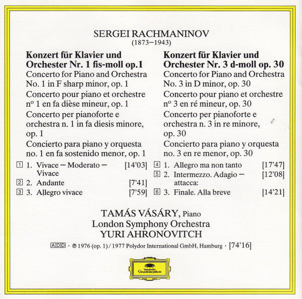 Sergei Vasilyevich Rachmaninoff – Tamás Vásáry, London Symphony Orchestra, Yuri Ahronovitch : Klavierkonzerte Nos. 1 & 3 (CD, Album, RM)