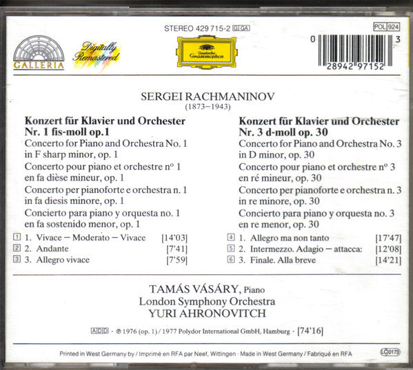 Sergei Vasilyevich Rachmaninoff – Tamás Vásáry, London Symphony Orchestra, Yuri Ahronovitch : Klavierkonzerte Nos. 1 & 3 (CD, Album, RM)