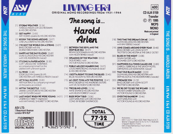 Harold Arlen, Various : The Song Is ... Harold Arlen (CD, Comp, Mono)