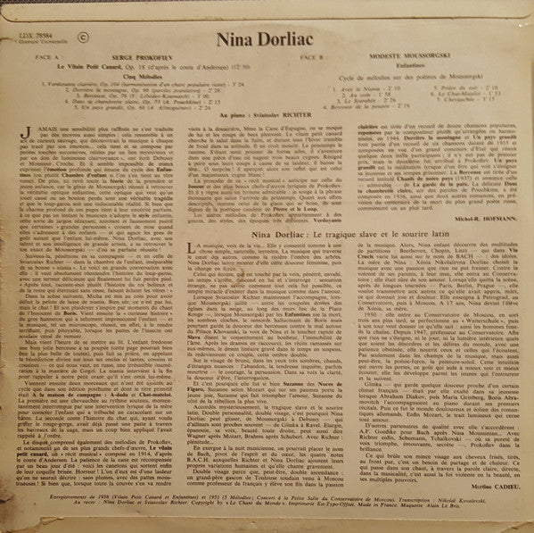 Nina Dorliac, Sviatoslav Richter : Prokofiev & Mussorgsky (LP)