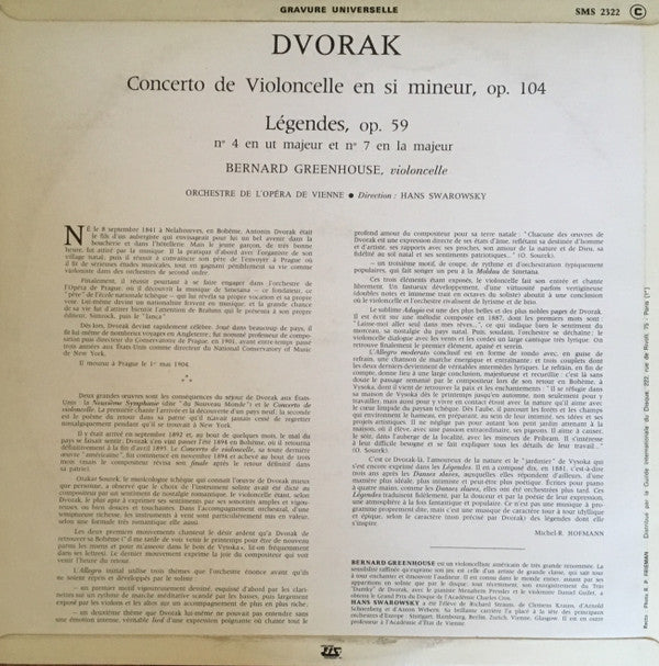 Antonín Dvořák - Bernard Greenhouse, Orchester Der Wiener Staatsoper , Direction Hans Swarowsky : Concerto De Violoncelle - Légendes N°4 Et N°7 (LP, Album)