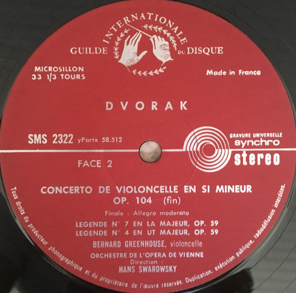 Antonín Dvořák - Bernard Greenhouse, Orchester Der Wiener Staatsoper , Direction Hans Swarowsky : Concerto De Violoncelle - Légendes N°4 Et N°7 (LP, Album)