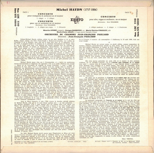 Michael Haydn / Maurice André, Georges Barboteu, Marie-Claire Alain, Marie-Thérèse Chailley-Guiard, Orchestre De Chambre Jean-François Paillard : Trois Concertos Pour Trompette, Cor, Orgue & Alto (LP, Mono)