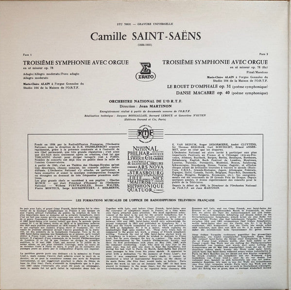 Camille Saint-Saëns / Orchestre National De France Direction Jean Martinon Avec Marie-Claire Alain : Symphonie Avec Orgue En Ut Mineur / Le Rouet D'Omphale / Danse Macabre (LP, Album, RE, Blu)