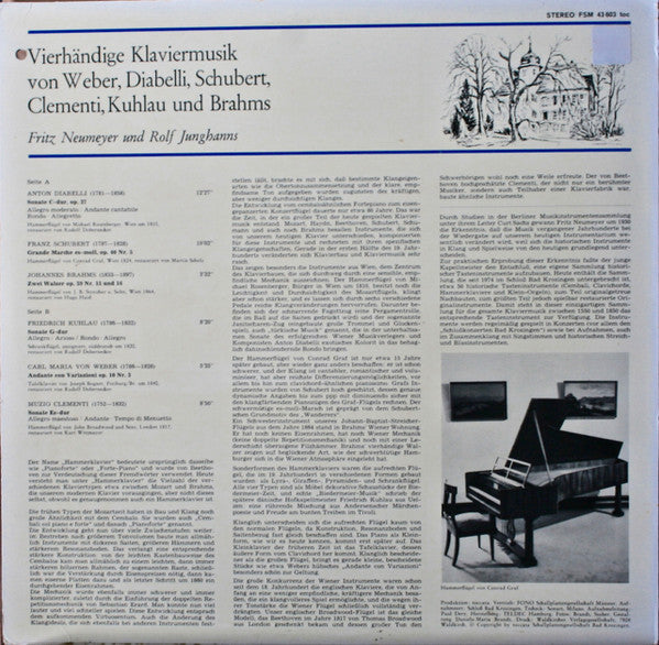 Carl Maria von Weber, Anton Diabelli, Franz Schubert, Muzio Clementi, Daniel Friedrich Rudolph Kuhlau  Und  Johannes Brahms / Fritz Neumeyer  &  Rolf Junghanns : Historische Tasteinstrumente (LP)