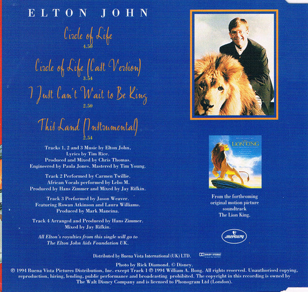 Elton John : Circle Of Life (CD, Single)