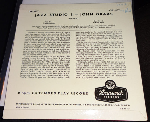 John Graas : Jazz Studio 3 - Volume 1 (7", EP, Mono)