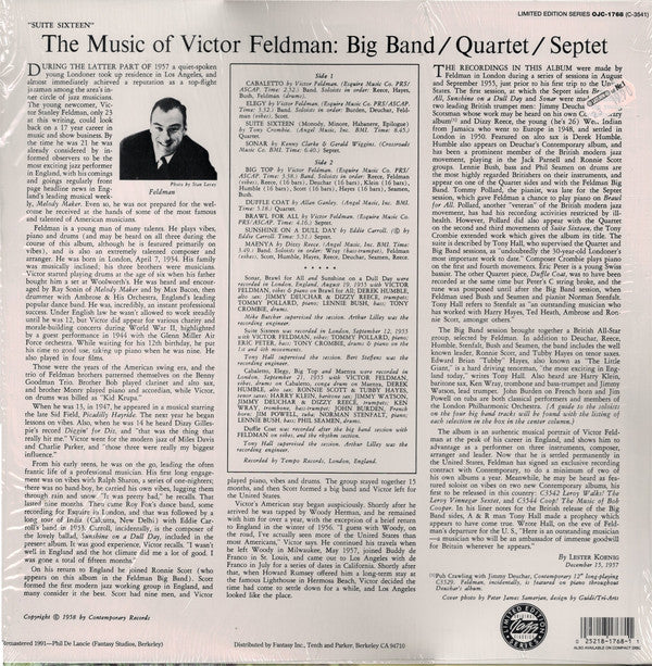 Victor Feldman : Suite Sixteen (The Music Of Victor Feldman: Big Band / Quartet / Septet) (LP, Album, Ltd, RE, RM)