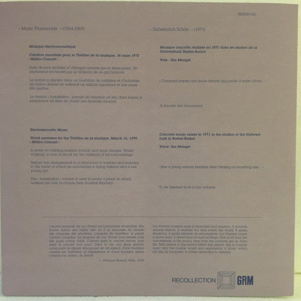 Luc Ferrari : Music Promenade / Unheimlich Schön (LP, Comp)