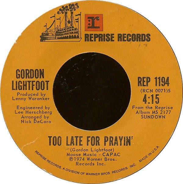 Gordon Lightfoot : Sundown (7", Single, Styrene, Ter)