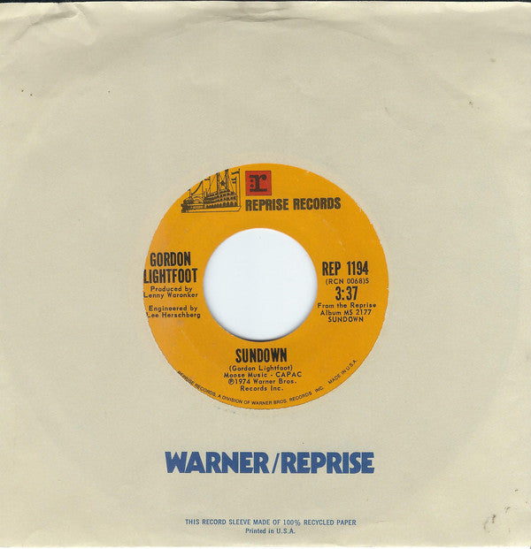 Gordon Lightfoot : Sundown (7", Single, Styrene, Ter)