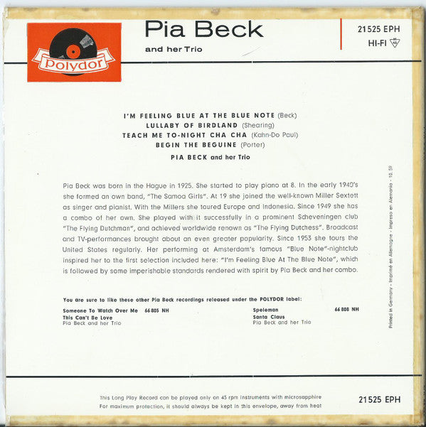 The Pia Beck Trio : I'm Feeling Blue At The Blue Note / Lullaby Of Birdland / Teach Me To-Night Cha Cha / Begin The Beguine (7", EP)