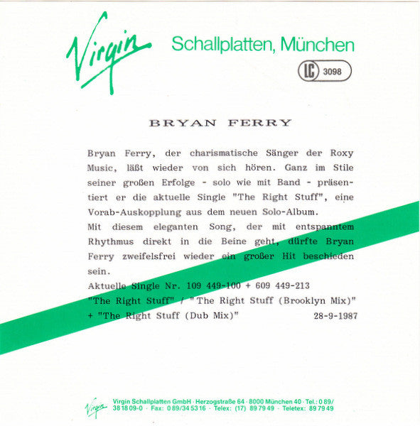 Bryan Ferry : The Right Stuff (7", Single)