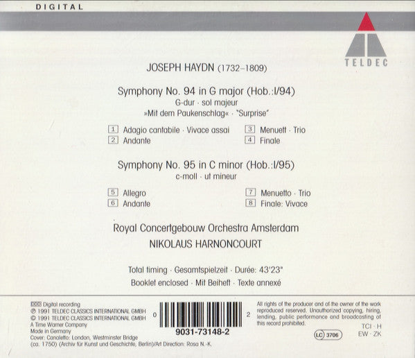 Joseph Haydn, Concertgebouworkest, Nikolaus Harnoncourt : Symphony No. 94 "Paukenschlag" / "Surprise" - Symphony No. 95 (CD)