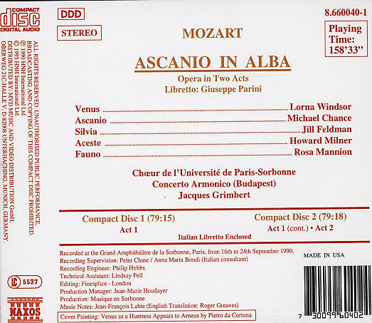 Wolfgang Amadeus Mozart, Michael Chance, Jill Feldman, Lorna Windsor, Rosa Mannion, Howard Milner, Chœur De L'Université De Paris-Sorbonne, Concerto Armonico, Jacques Grimbert : Ascanio In Alba (2xCD + Box)