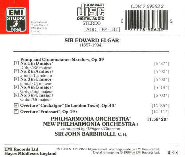Sir Edward Elgar, Philharmonia Orchestra, New Philharmonia Orchestra, Sir John Barbirolli : Pomp And Circumstance Marches 1-5 / Overtures: Cockaigne, Froissart (CD, Album, Comp)