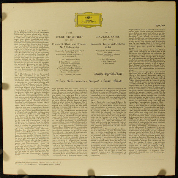 Prokofieff* / Ravel* - Martha Argerich, Berliner Philharmoniker, Claudio Abbado : Klavierkonzert Nr. 3 C-Dur / Klavierkonzert G-Dur (LP)