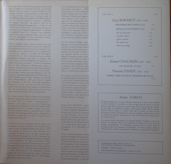 Joseph-Guy Ropartz / Ernest Chausson / Vincent d'Indy - Annie d'Arco : 3eme Nocturne / Croquis d'Automne / Paysage / Thème Varié, Fugue Et Chanson (LP, Album)