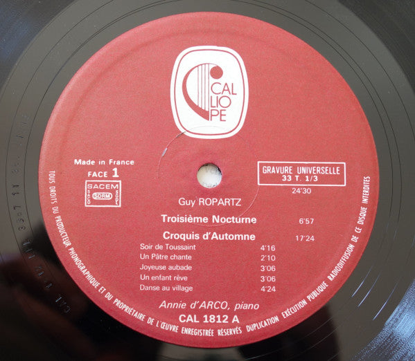 Joseph-Guy Ropartz / Ernest Chausson / Vincent d'Indy - Annie d'Arco : 3eme Nocturne / Croquis d'Automne / Paysage / Thème Varié, Fugue Et Chanson (LP, Album)