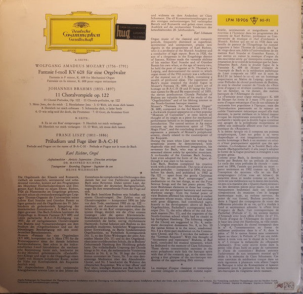 Karl Richter : Wolfgang Amadeus Mozart, Johannes Brahms, Franz Liszt (LP, Album, Mono)