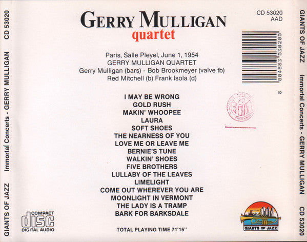 Gerry Mulligan Quartet : Paris, Salle Pleyel, June 1, 1954 (CD, Comp)