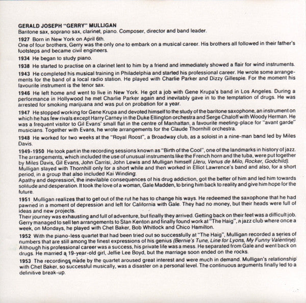 Gerry Mulligan Quartet : Paris, Salle Pleyel, June 1, 1954 (CD, Comp)