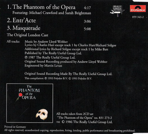 Andrew Lloyd Webber : Excerpts From The Phantom Of The Opera (CD, Maxi)