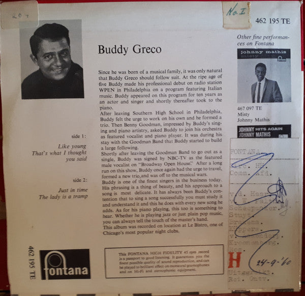 Buddy Greco : Buddy Greco Sings And Plays The Lady Is A Tramp (7", EP, Smplr)