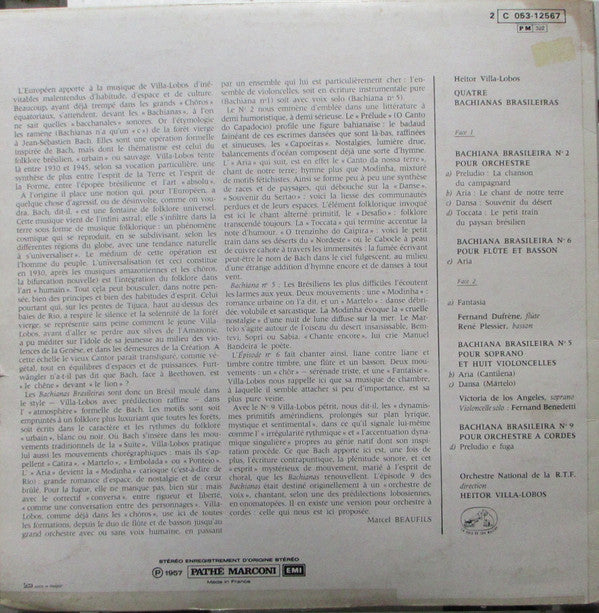 Heitor Villa-Lobos - Orchestre National De La R.T.F., Victoria De Los Angeles, Fernand Benedetti, Fernand Dufrène, René Plessier : Quatre Bachianas Brasileiras : N° 2 Pour Orchestre / N° 5 Pour Soprano Et Huit Violoncelles  /  N° 6 Pour Flûte Et Basson / N° 9 Pour Orchestre A Cordes  (LP, RE)