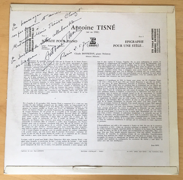 Antoine Tisné - claude bonneton : Sonate / Épigraphe Pour Une Stèle (LP, Album)