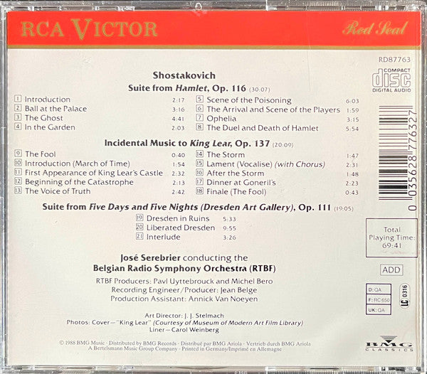 Dmitri Shostakovich, Jose Serebrier, Orchestre Symphonique De La RTBF : Film Music From Hamlet - King Lear - Five Days And Five Nights (CD, Album)