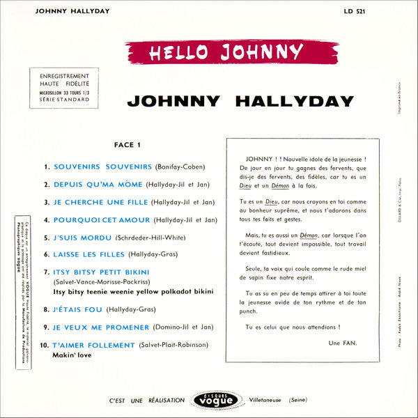 Johnny Hallyday : Hello Johnny (LP, S/Sided, Album, Mono, Etch, Ltd, RE, Pin)