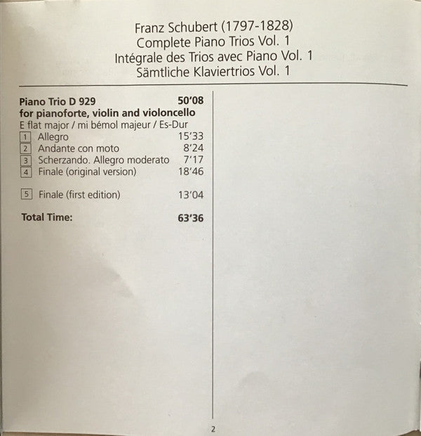 Franz Schubert, Vienna Piano Trio : Complete Piano Trios Vol. 1 (CD)