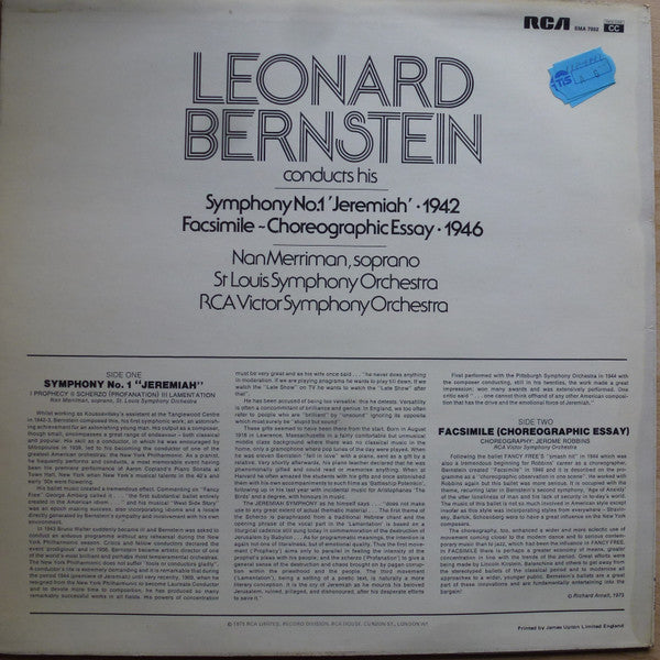 Leonard Bernstein, Nan Merriman, Saint Louis Symphony Orchestra, RCA Victor Symphony Orchestra : Symphony No. 1 "Jeremiah" / Facsimile  (LP, RE)
