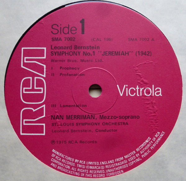 Leonard Bernstein, Nan Merriman, Saint Louis Symphony Orchestra, RCA Victor Symphony Orchestra : Symphony No. 1 "Jeremiah" / Facsimile  (LP, RE)