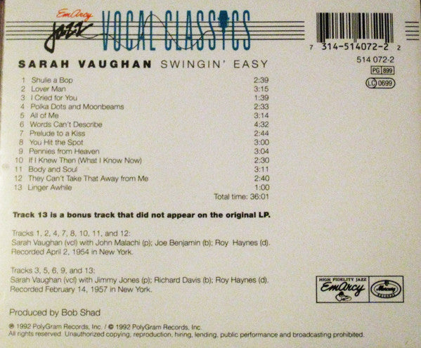 Sarah Vaughan And Her Trio : Swingin' Easy (CD, Album, RE, RM)