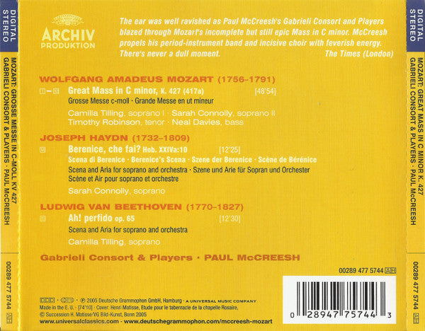 Wolfgang Amadeus Mozart, Paul McCreesh, Camilla Tilling, Sarah Connolly, Gabrieli Consort : Great Mass In C Minor (CD)