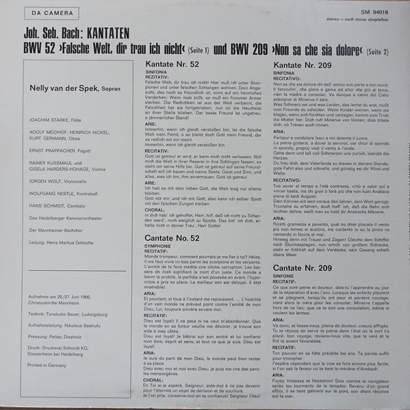 Johann Sebastian Bach - Nelly van der Spek, Heinz Markus Göttsche : Kantate BWV 52 Falsche Welt Dir Trau Ich Nicht / Kantate BWV 209 Non Sa Che Sia Dolore (LP, Mono)