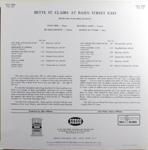 Betty St. Claire  With The Stan Free Quartet : At Basin Street East (LP, Album, RE)
