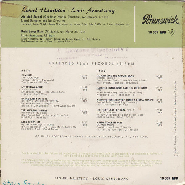 Louis Armstrong And His All-Stars / Lionel Hampton And His Orchestra : Basin Street Blues / Air Mail Special (7", EP, Mono, RE)