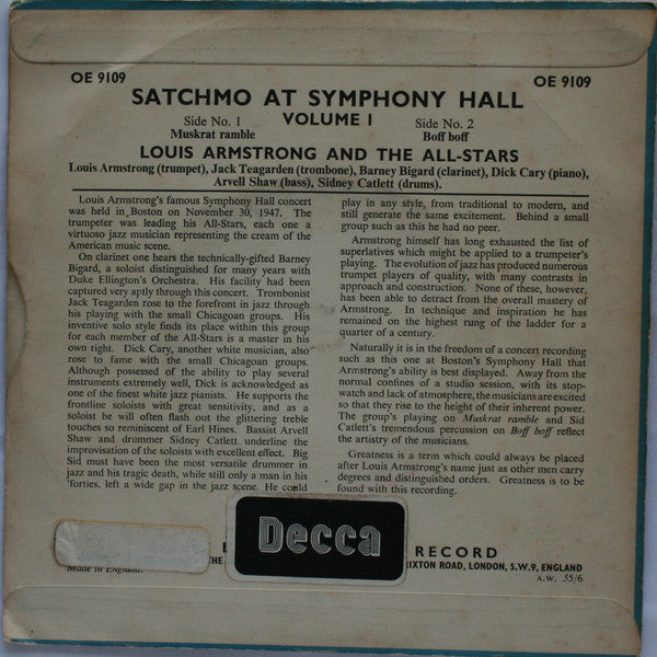 Louis Armstrong And His All-Stars : Satchmo At Symphony Hall Volume 1 (7", EP)