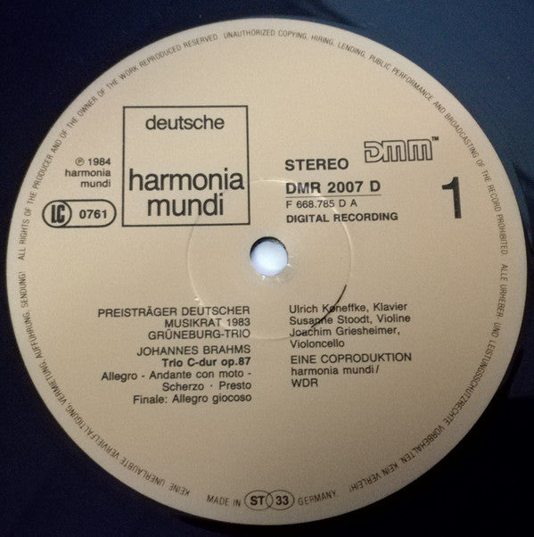 Charles Ives, Johannes Brahms, Grüneburg Trio : Trio Für Klavier, Violine Und Violoncello Nr. 2, C-dur Op. 87 (LP)